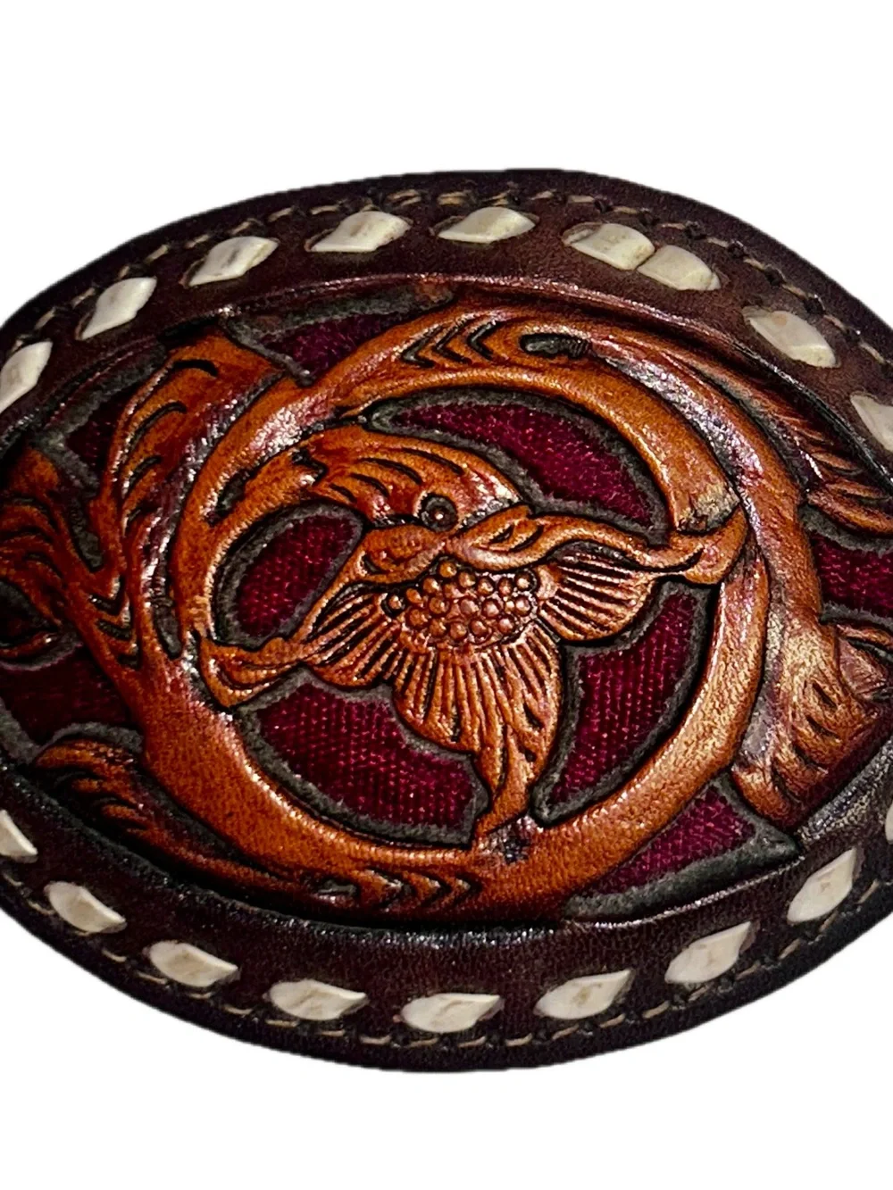 Vintage ~Hand-Tooled Brown Floral Leather Backstitching Belt Buckle W/Red Inlay